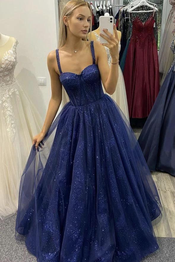 Glitter Blue Tulle Long Prom Dress A-line Evening Gown Y316 by simplepromdress