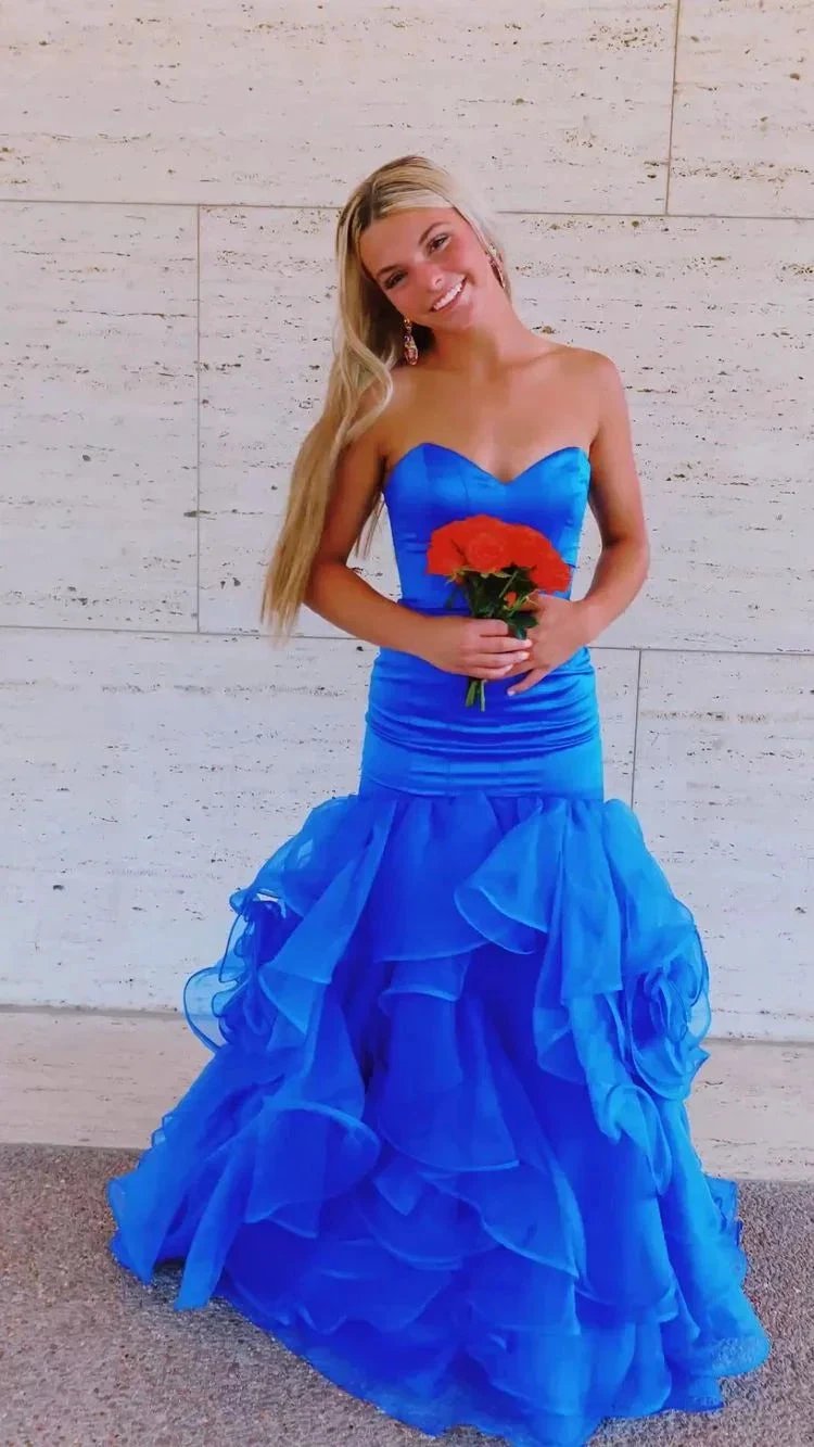 Royal Blue Satin Tulle Bottom Long Prom Dress Mermaid Evening Dress Y349 by simplepromdress