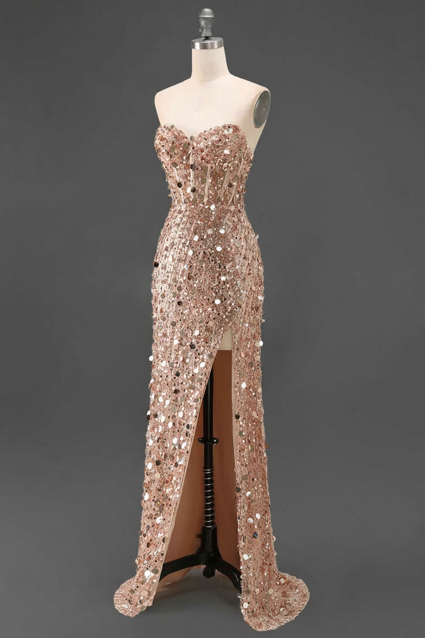 Sparkly Gold Mermaid Sequins Sweetheart Long Corset Prom Dress with Slit