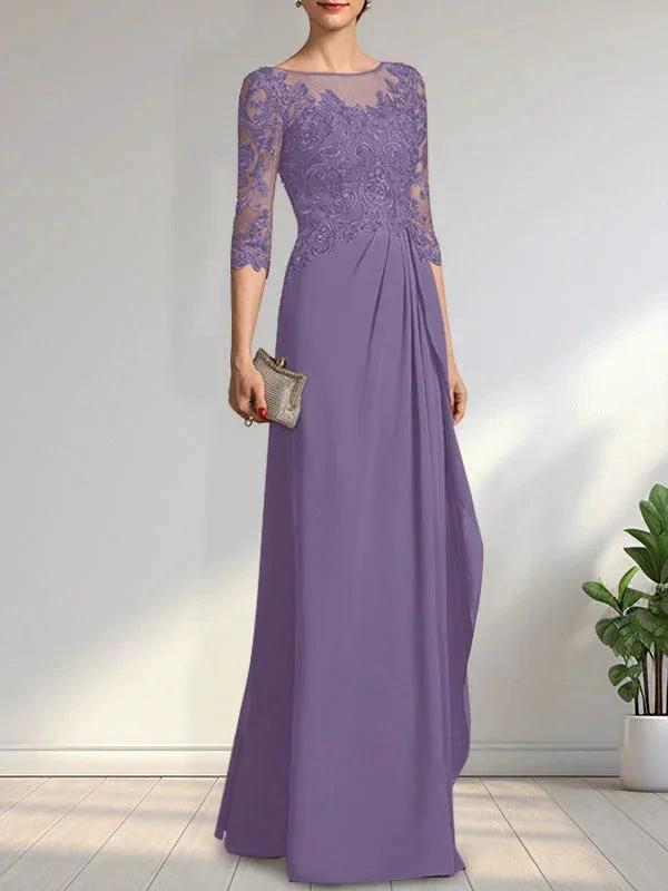 A-line Scoop Illusion Floor-Length Chiffon Lace Mother of the Bride Dress With Beading Sequins Cascading Ruffles by Dreamylily