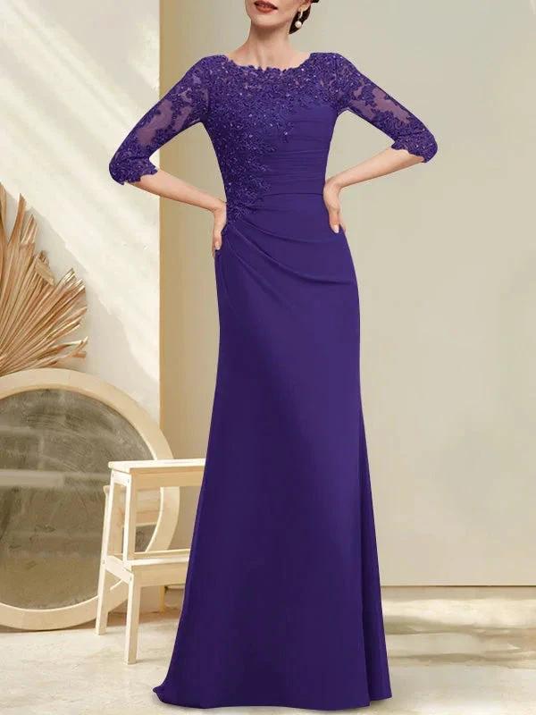 A-line Scoop Floor-Length Chiffon Lace Mother of the Bride Dress With Beading Pleated Sequins by Dreamylily