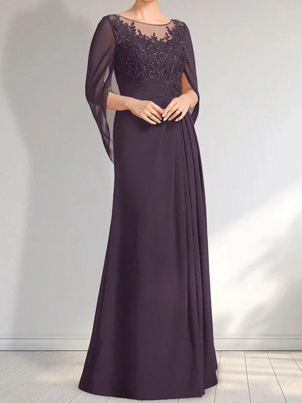 A-line Scoop Illusion Floor-Length Lace Chiffon Mother of the Bride Dress With Pleated Sequins by Dreamylily