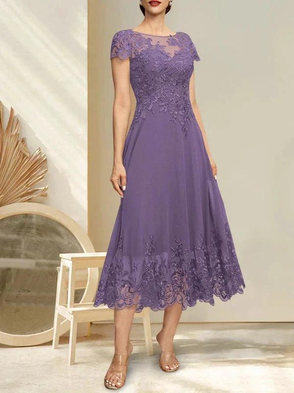 A-line Illusion Scoop Tea-Length Lace Chiffon Mother of the Bride Dress With Sequins by Dreamylily