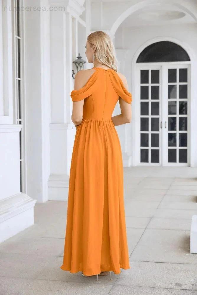 Ladies Chiffon Off Shoulder Swing Sleeve Front Slit Bridesmaid Evening Dress Wedding Party Evening Dress 28117 by numbersea