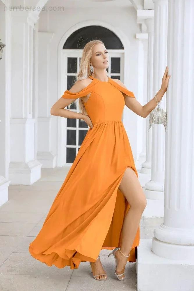 Ladies Chiffon Off Shoulder Swing Sleeve Front Slit Bridesmaid Evening Dress Wedding Party Evening Dress 28117 by numbersea