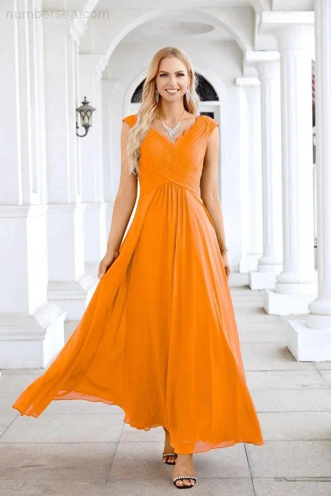 Ladies Chiffon V Neck Sleeveless Floor Length Bridesmaid Evening Dress Wedding Party Evening Dress 28126 by numbersea