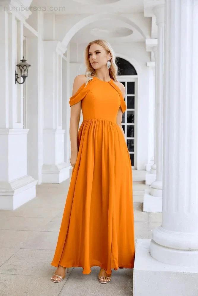 Ladies Chiffon Off Shoulder Swing Sleeve Front Slit Bridesmaid Evening Dress Wedding Party Evening Dress 28117 by numbersea
