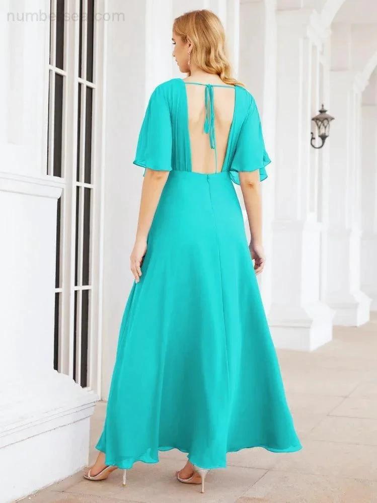 Numbersea V-Neck Bridesmaid Dress Chiffon Long Open Back Formal Dresses for Women Party Evening 28067 by numbersea