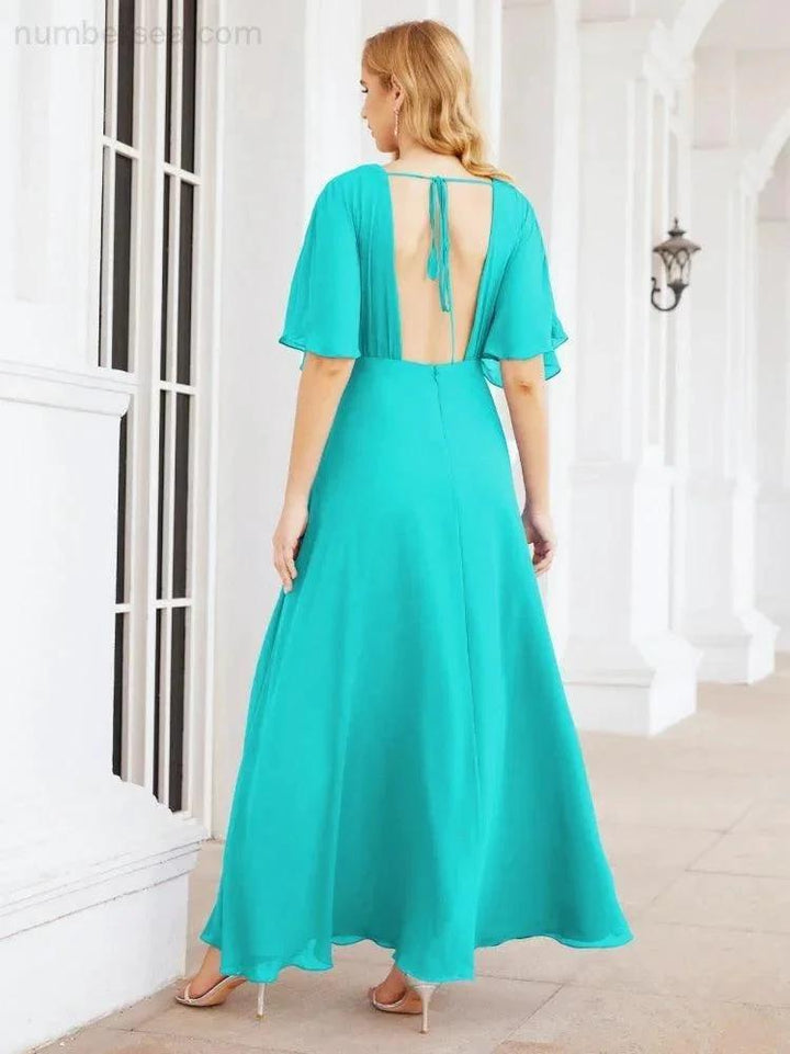 Numbersea V-Neck Bridesmaid Dress Chiffon Long Open Back Formal Dresses for Women Party Evening 28067 by numbersea
