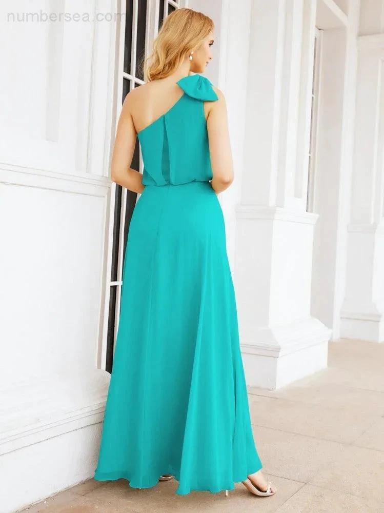 Numbersea Chiffon Ruffled One Shoulder Sleeveless Long Bride Dresses A-line Formal Evening Gown Side Split 28057 by numbersea
