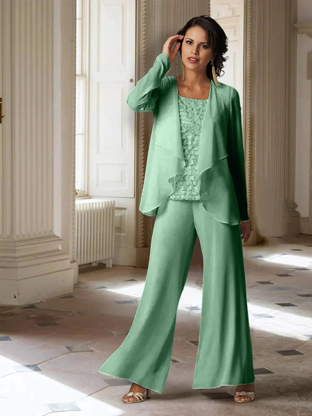 Chiffon Long Sleeves Mother of the Bride Pantsuits with Jacket by Dreamylily
