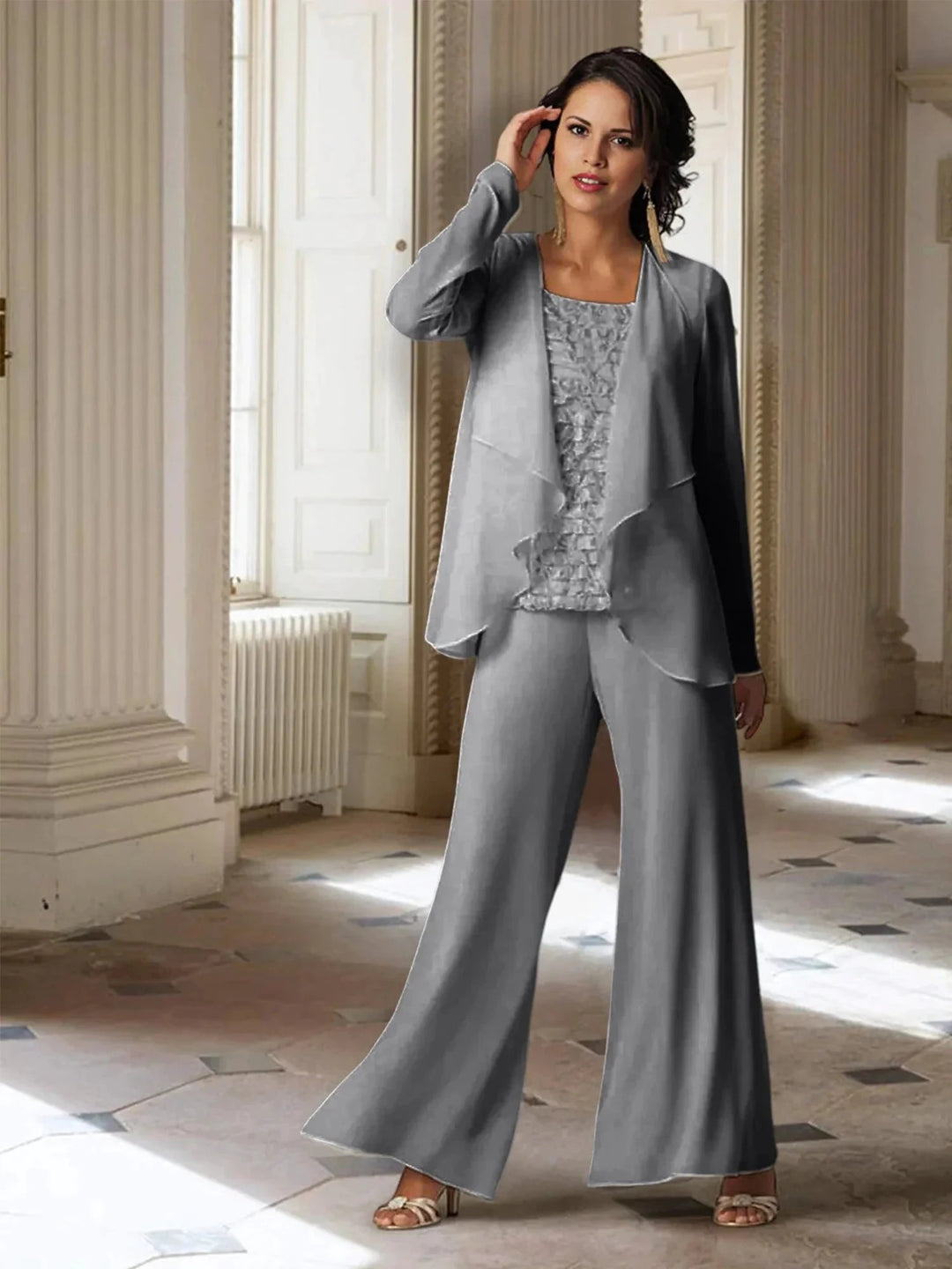 Chiffon Long Sleeves Mother of the Bride Pantsuits with Jacket by Dreamylily