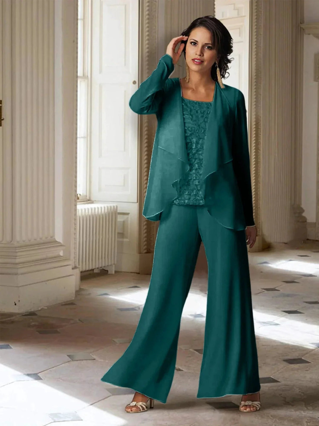 Chiffon Long Sleeves Mother of the Bride Pantsuits with Jacket by Dreamylily