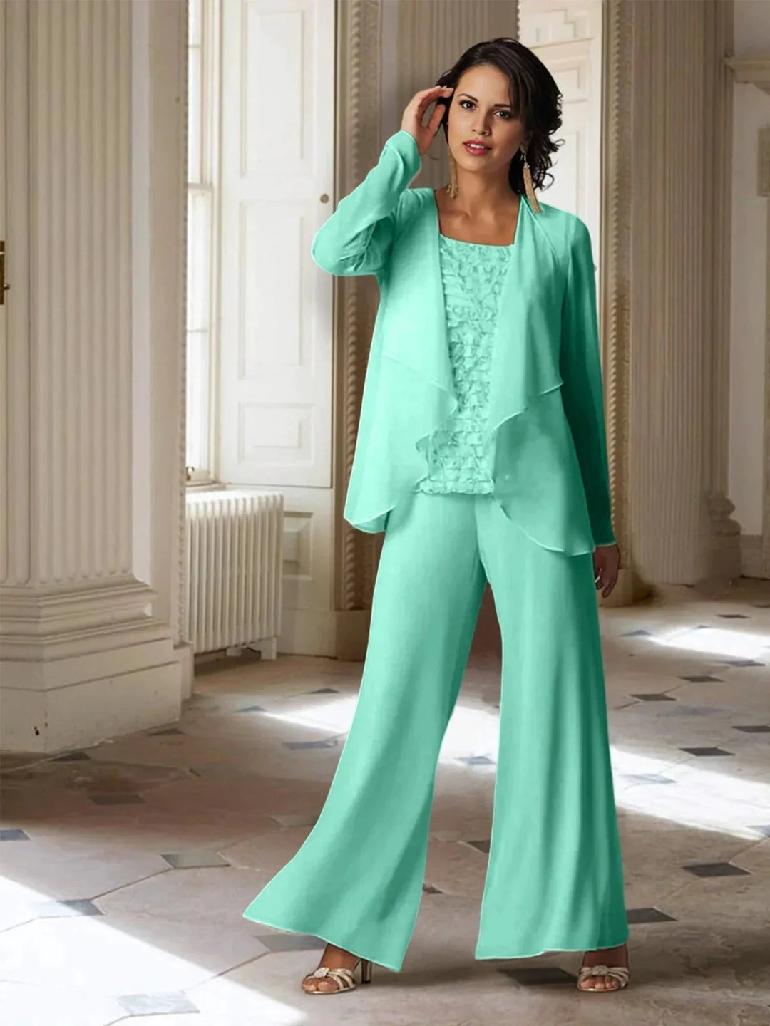 Chiffon Long Sleeves Mother of the Bride Pantsuits with Jacket by Dreamylily