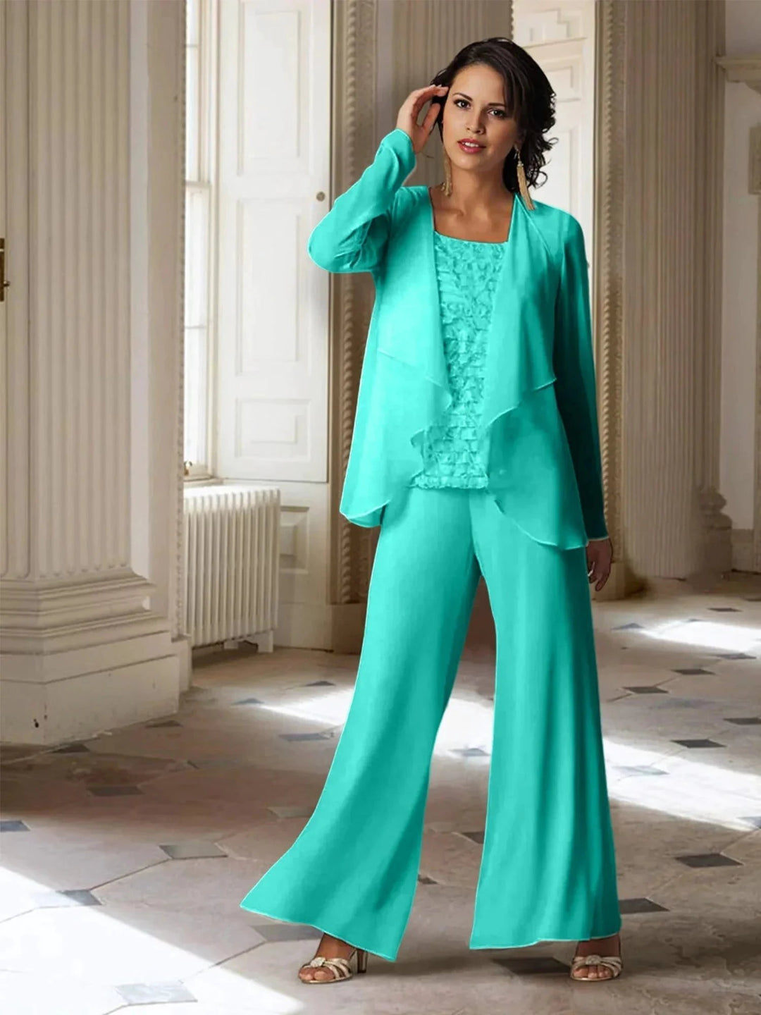 Chiffon Long Sleeves Mother of the Bride Pantsuits with Jacket by Dreamylily