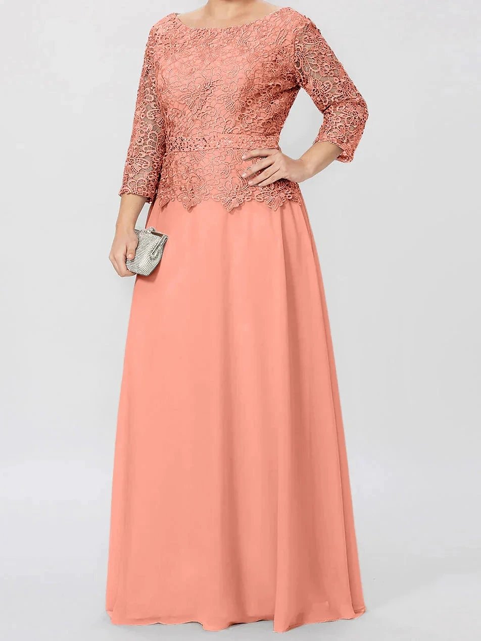A-Line/Princess Round Neck 3/4 Length Sleeves Floor-Length Mother of the Bride Dresses with Applique &amp; Sequins by Dreamylily