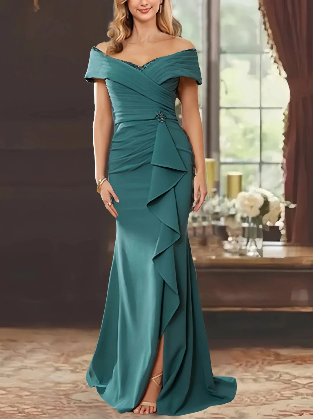 Sheath/Column Off-the-Shoulder Sleeveless Floor-Length Mother of the Bride Dresses With Ruffles by Dreamylily