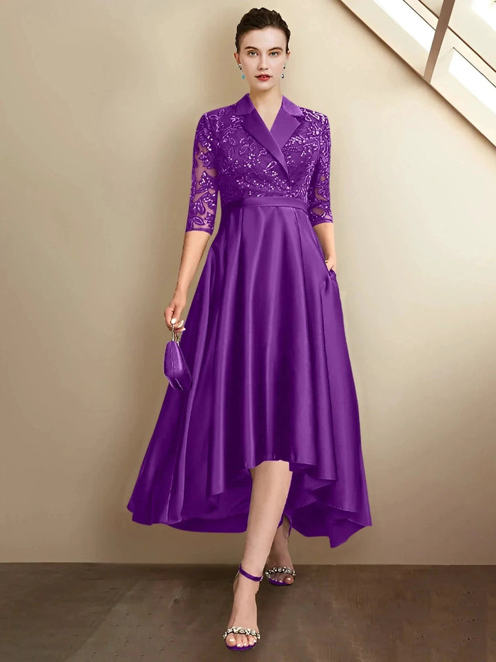 Abiti da madre della sposa a guaina/colonna con scollo a V e lunghezza tè
