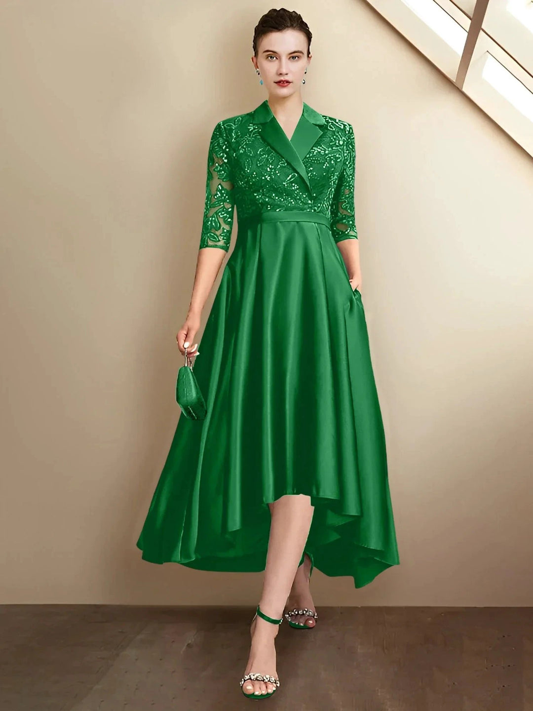 Sheath/Column V-Neck Tea-Length Mother of the Bride Dresses by Dreamylily