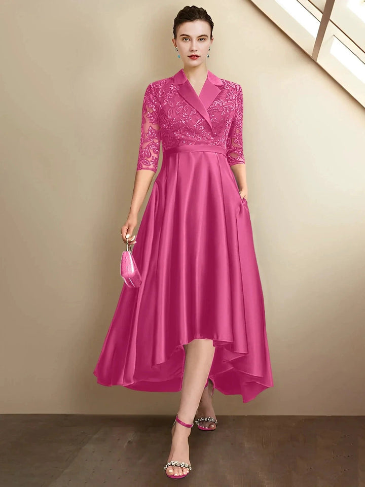 Sheath/Column V-Neck Tea-Length Mother of the Bride Dresses by Dreamylily