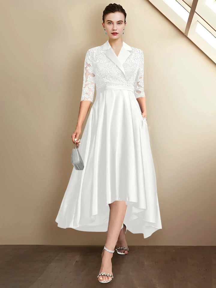 Abiti da madre della sposa a guaina/colonna con scollo a V e lunghezza tè