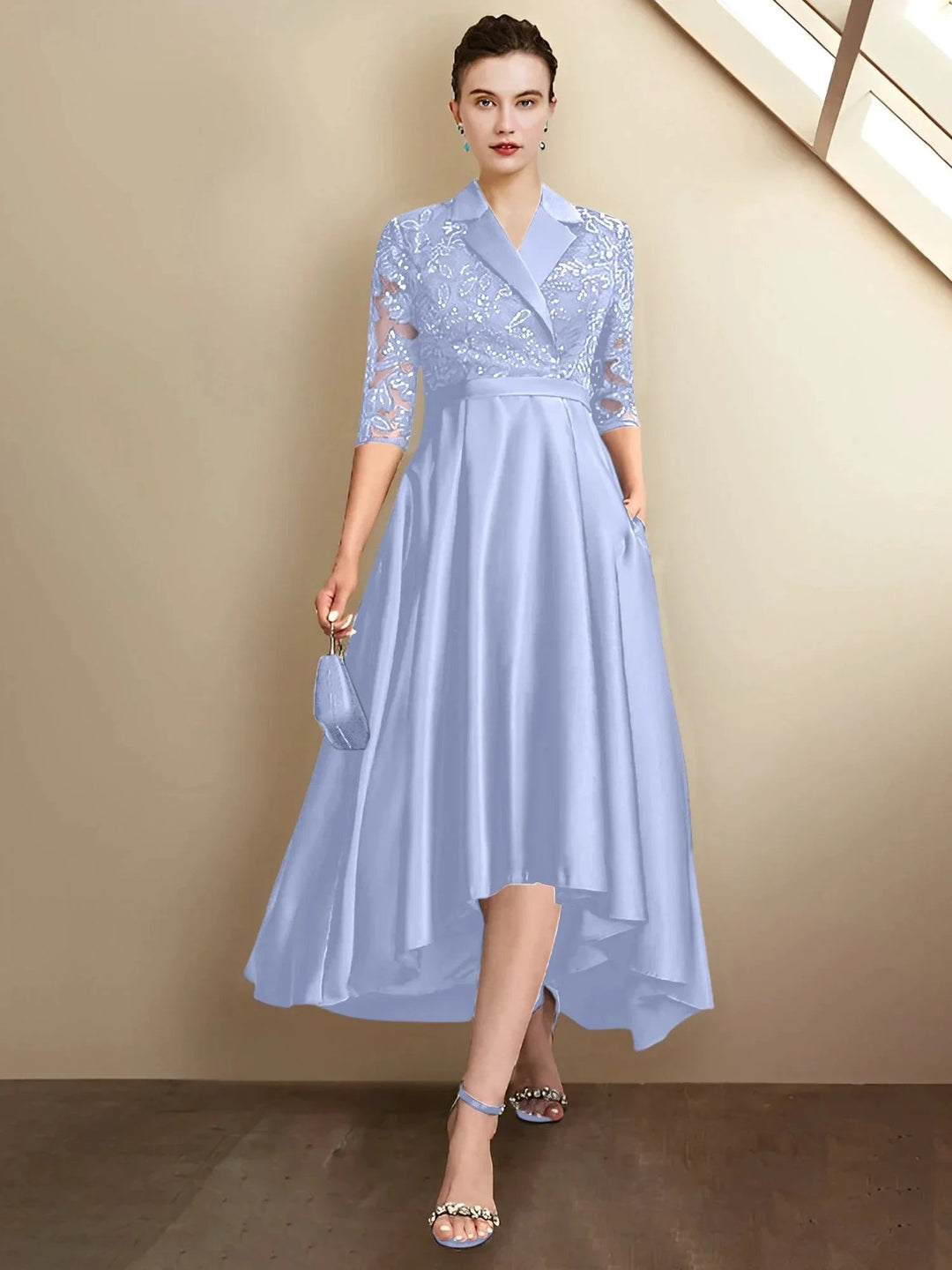 Abiti da madre della sposa a guaina/colonna con scollo a V e lunghezza tè