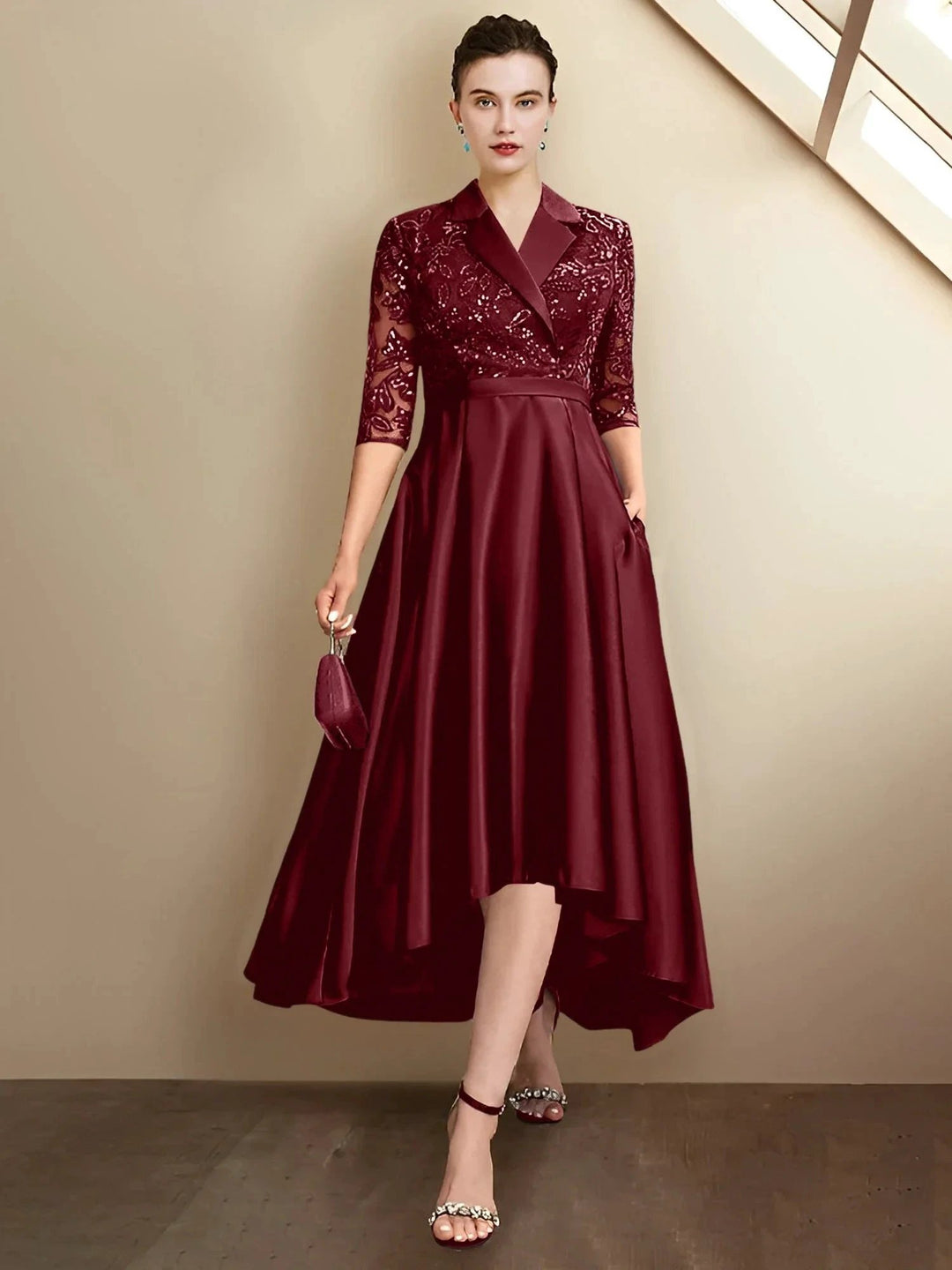 Abiti da madre della sposa a guaina/colonna con scollo a V e lunghezza tè