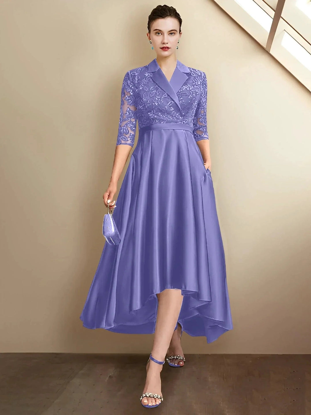 Abiti da madre della sposa a guaina/colonna con scollo a V e lunghezza tè