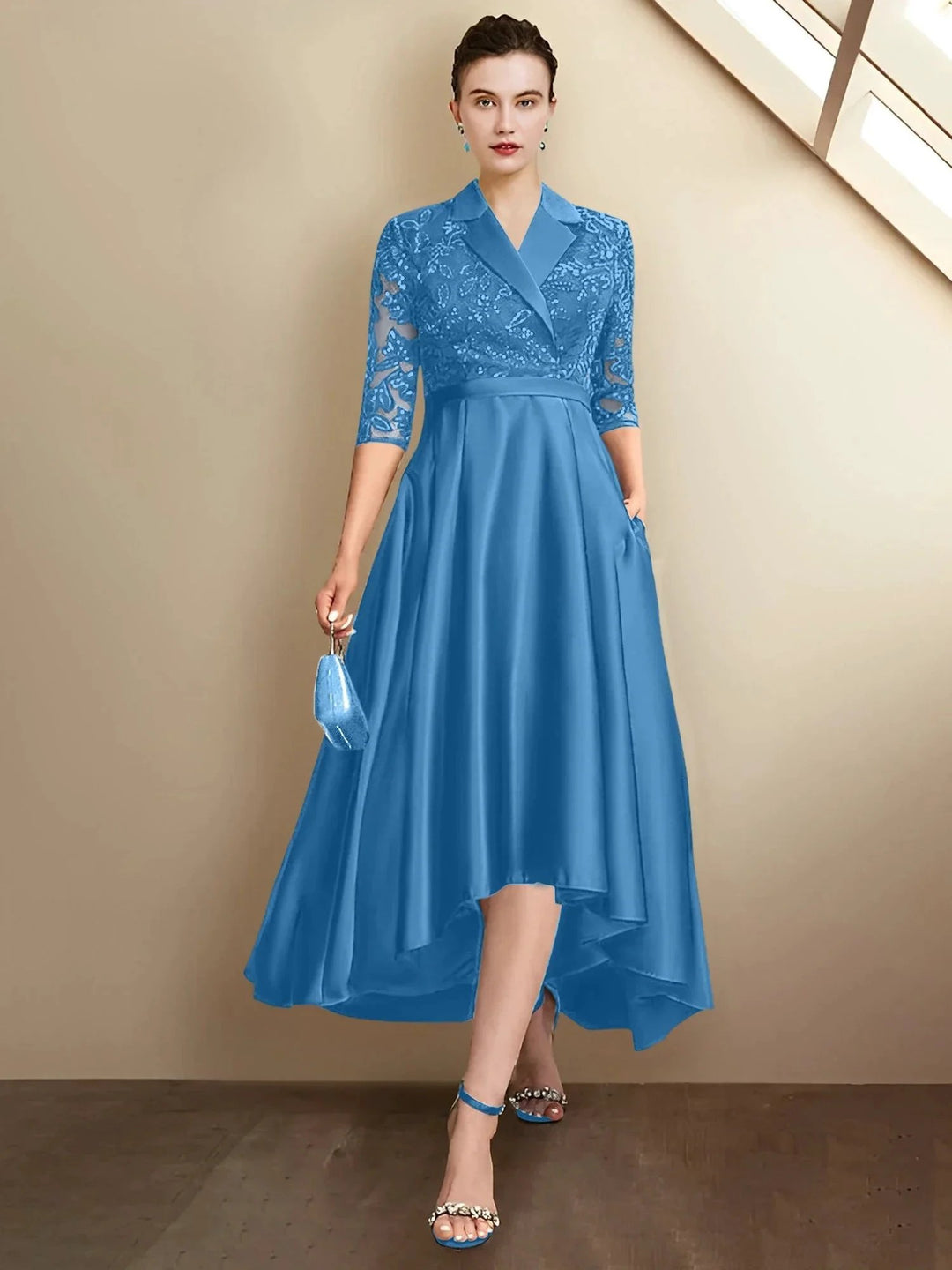 Abiti da madre della sposa a guaina/colonna con scollo a V e lunghezza tè