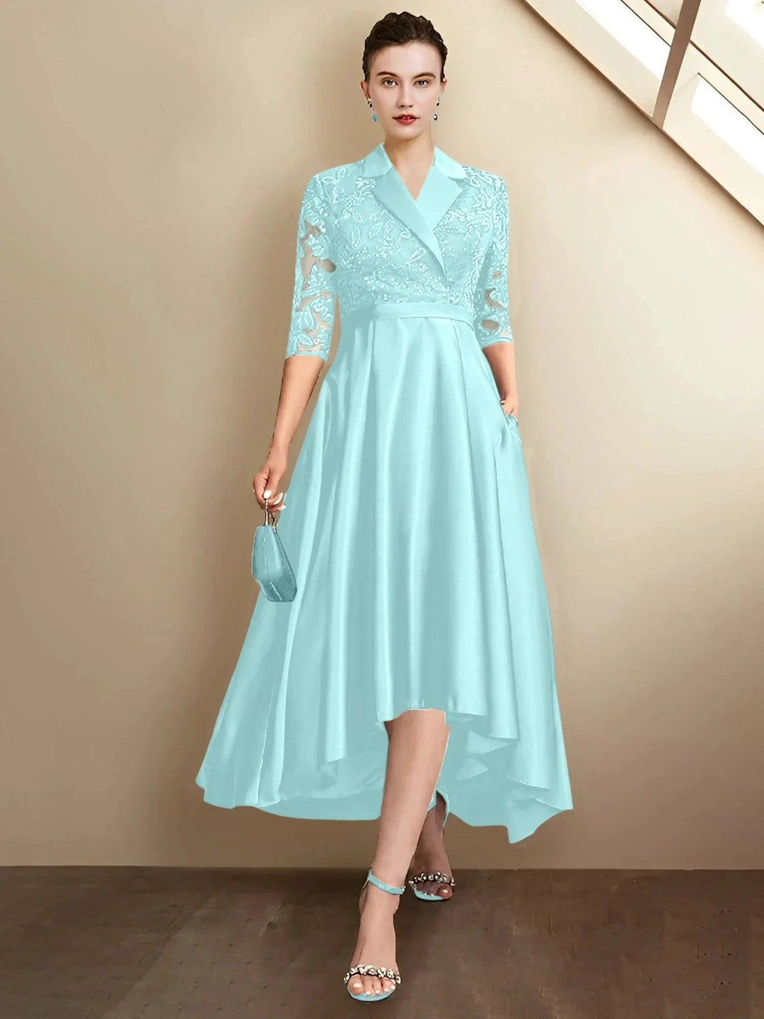 Sheath/Column V-Neck Tea-Length Mother of the Bride Dresses by Dreamylily