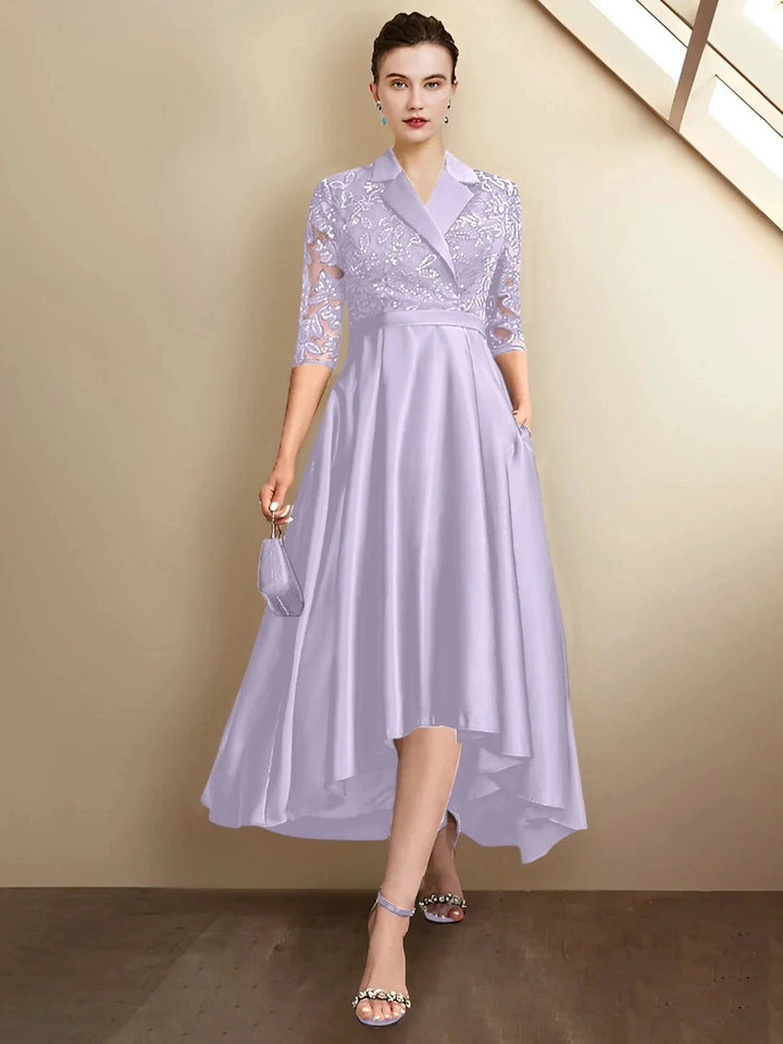 Sheath/Column V-Neck Tea-Length Mother of the Bride Dresses by Dreamylily