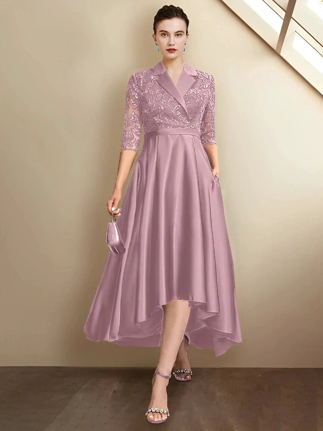 Abiti da madre della sposa a guaina/colonna con scollo a V e lunghezza tè