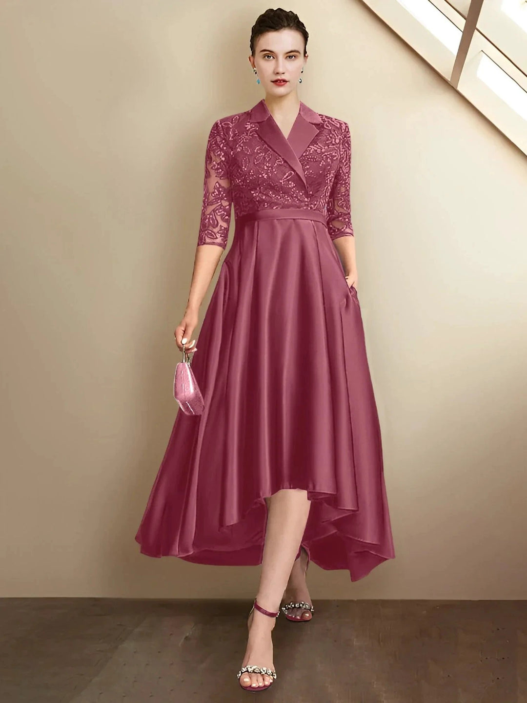 Sheath/Column V-Neck Tea-Length Mother of the Bride Dresses by Dreamylily