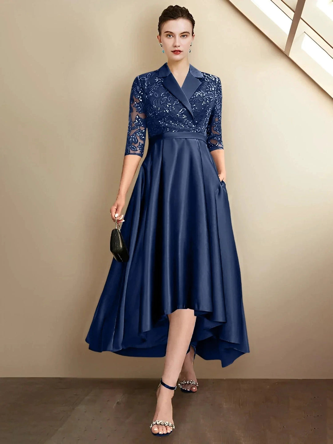 Abiti da madre della sposa a guaina/colonna con scollo a V e lunghezza tè