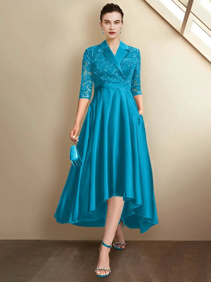 Sheath/Column V-Neck Tea-Length Mother of the Bride Dresses by Dreamylily