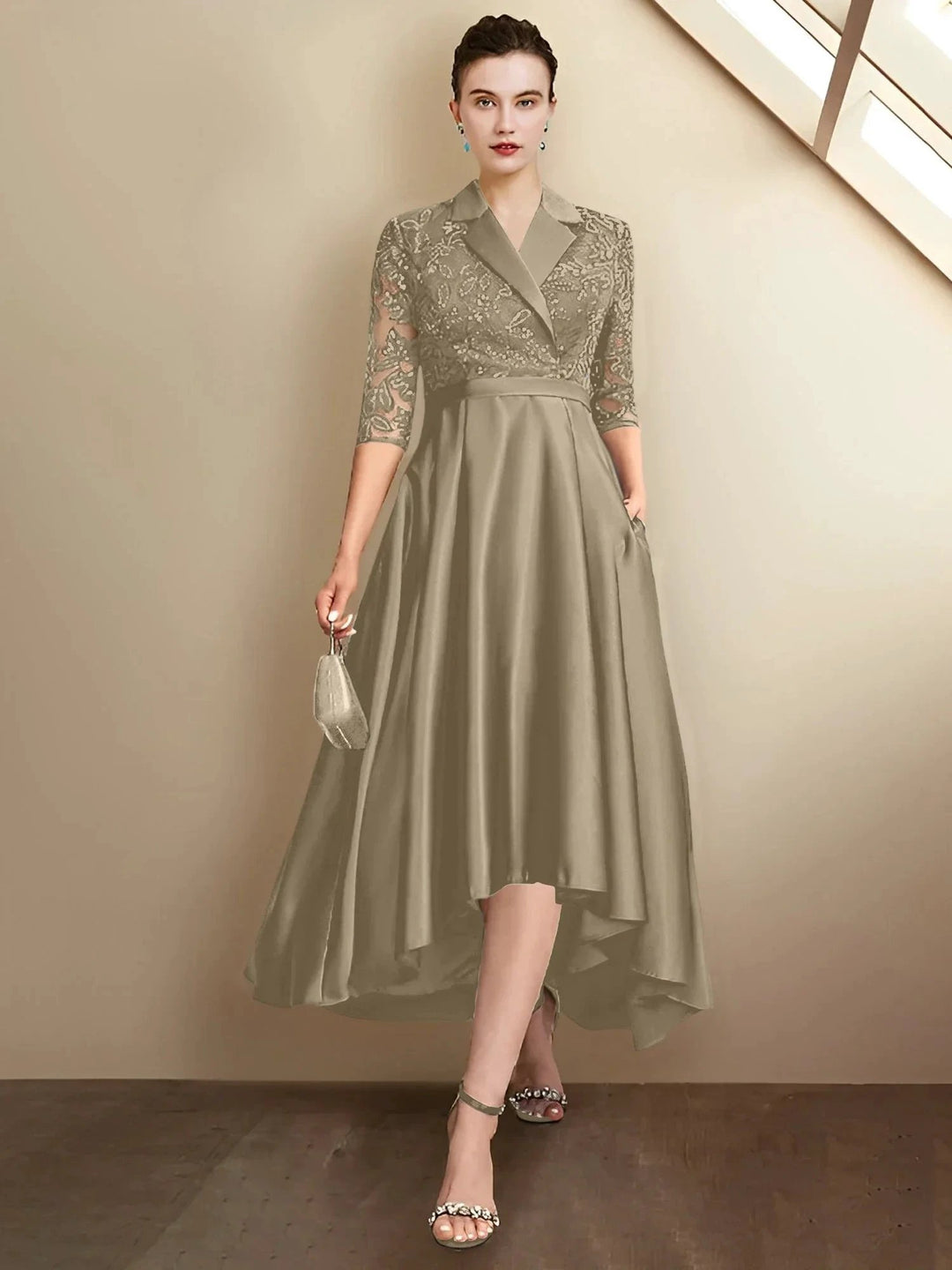 Sheath/Column V-Neck Tea-Length Mother of the Bride Dresses by Dreamylily