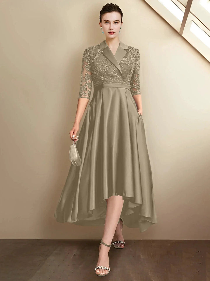 Sheath/Column V-Neck Tea-Length Mother of the Bride Dresses by Dreamylily