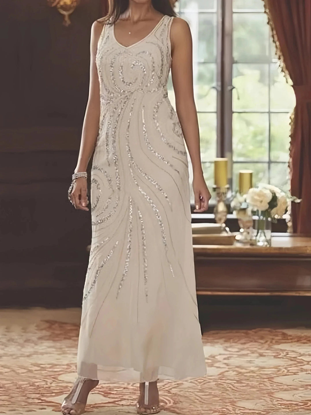 Sheath/Column V-Neck Ankle-Length Mother of the Bride Dresses with Jacket &amp; Sequins by Dreamylily