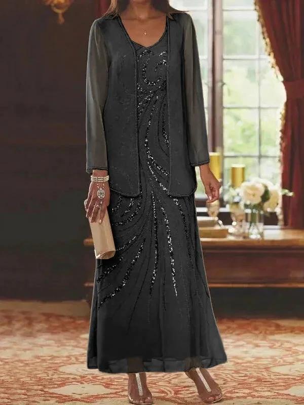 Sheath/Column V-Neck Ankle-Length Mother of the Bride Dresses with Jacket &amp; Sequins by Dreamylily