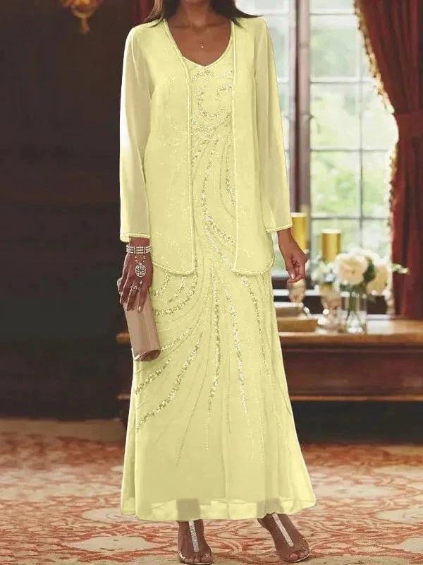 Sheath/Column V-Neck Ankle-Length Mother of the Bride Dresses with Jacket &amp; Sequins by Dreamylily
