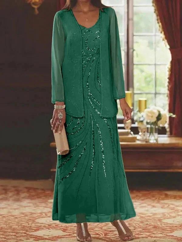 Sheath/Column V-Neck Ankle-Length Mother of the Bride Dresses with Jacket &amp; Sequins by Dreamylily