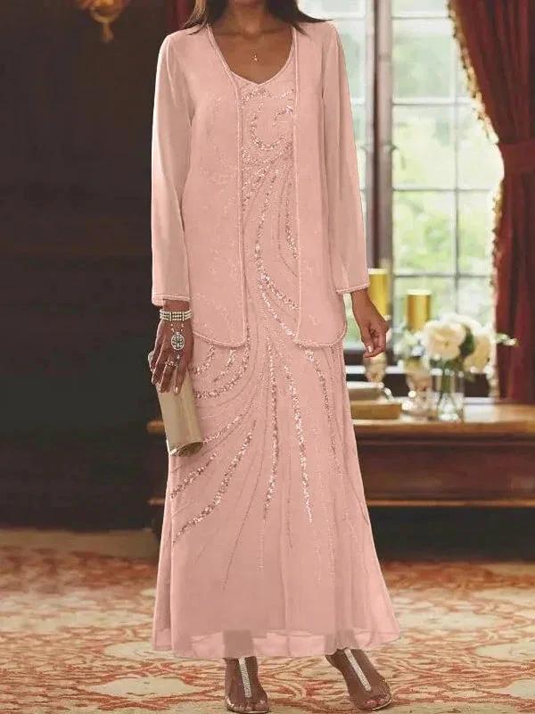 Sheath/Column V-Neck Ankle-Length Mother of the Bride Dresses with Jacket &amp; Sequins by Dreamylily