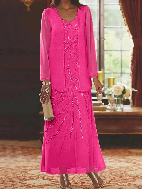 Sheath/Column V-Neck Ankle-Length Mother of the Bride Dresses with Jacket &amp; Sequins by Dreamylily