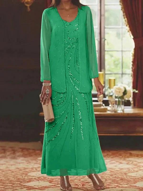 Sheath/Column V-Neck Ankle-Length Mother of the Bride Dresses with Jacket &amp; Sequins by Dreamylily