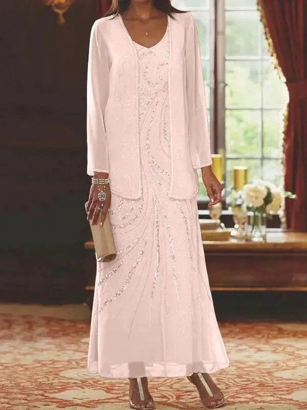 Sheath/Column V-Neck Ankle-Length Mother of the Bride Dresses with Jacket &amp; Sequins by Dreamylily