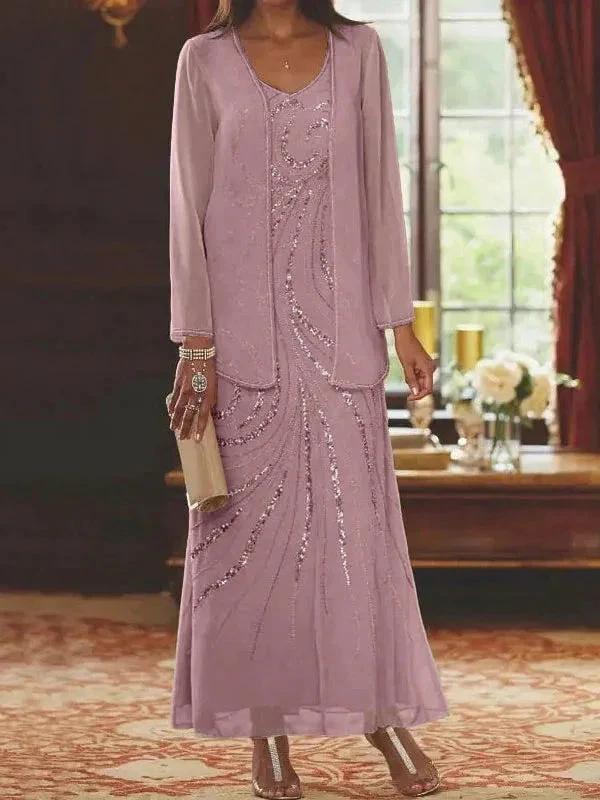 Sheath/Column V-Neck Ankle-Length Mother of the Bride Dresses with Jacket &amp; Sequins by Dreamylily