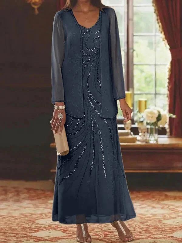 Sheath/Column V-Neck Ankle-Length Mother of the Bride Dresses with Jacket &amp; Sequins by Dreamylily