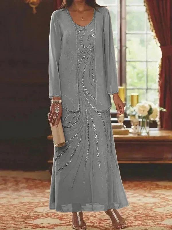 Sheath/Column V-Neck Ankle-Length Mother of the Bride Dresses with Jacket &amp; Sequins by Dreamylily