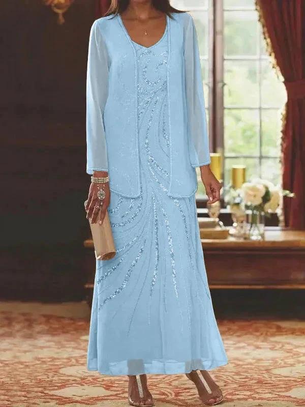 Sheath/Column V-Neck Ankle-Length Mother of the Bride Dresses with Jacket &amp; Sequins by Dreamylily
