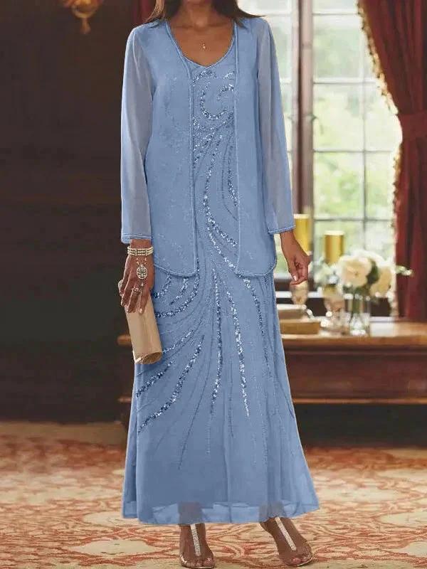 Sheath/Column V-Neck Ankle-Length Mother of the Bride Dresses with Jacket &amp; Sequins by Dreamylily